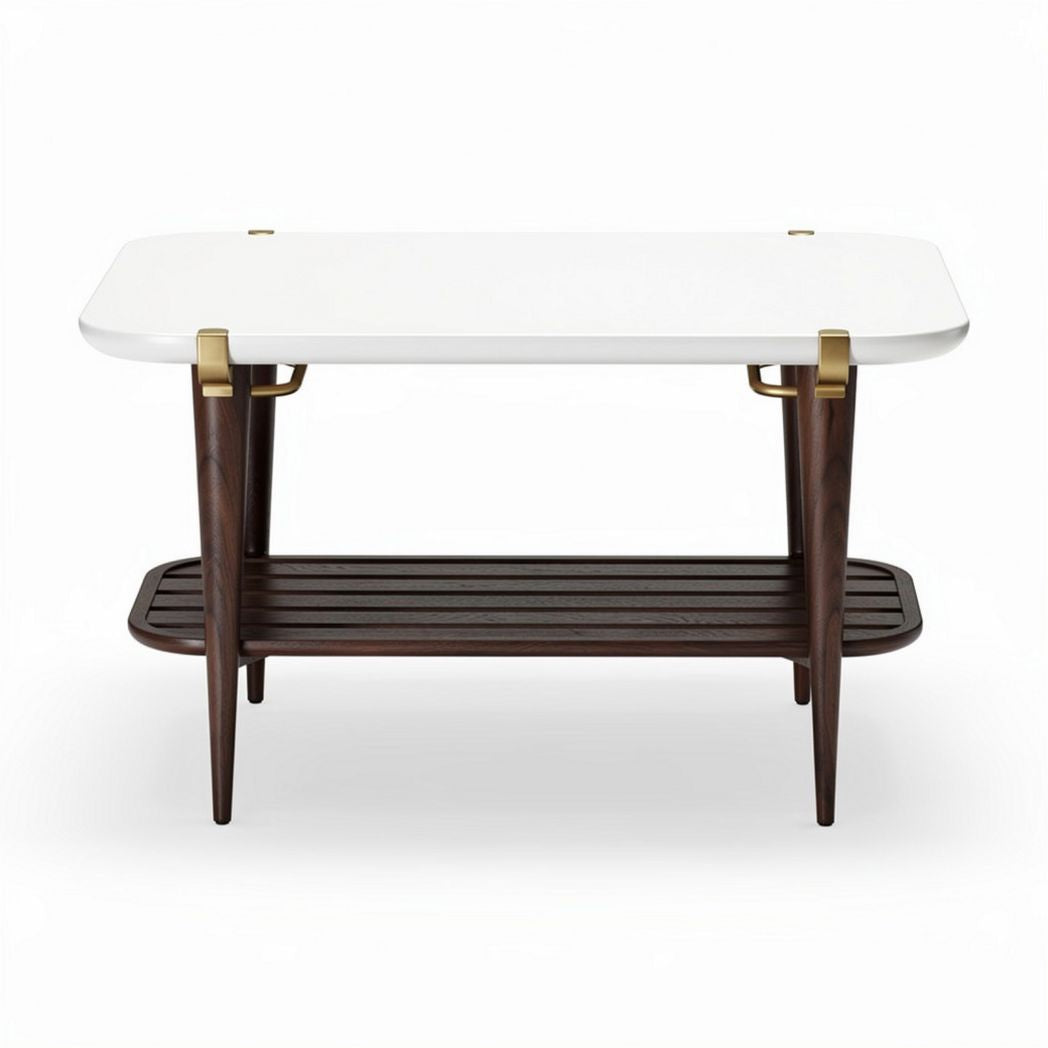 Modern wood coffee table with white top and lower storage shelf 120 x 60 x 40cm