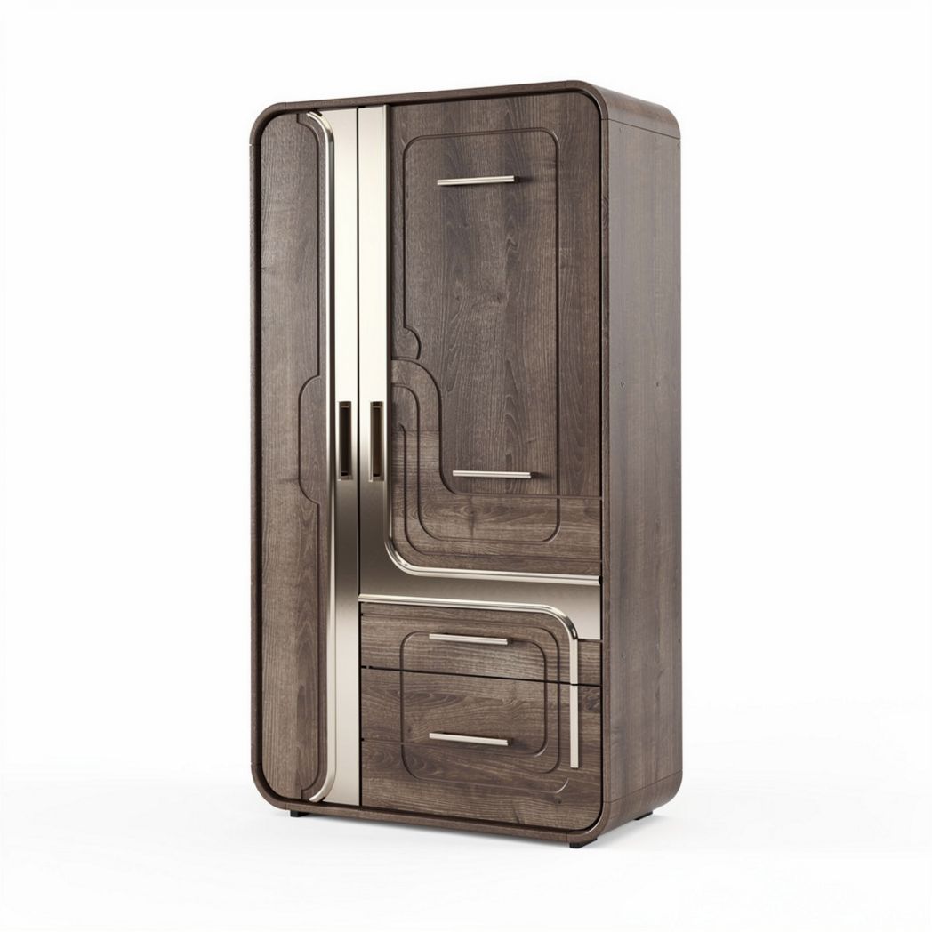 Modern wooden wardrobe with metallic accents and two drawers 180 x 80 x 45cm