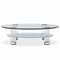 Glass coffee table with oval top and bottom shelf 120 x 60 x 40cm