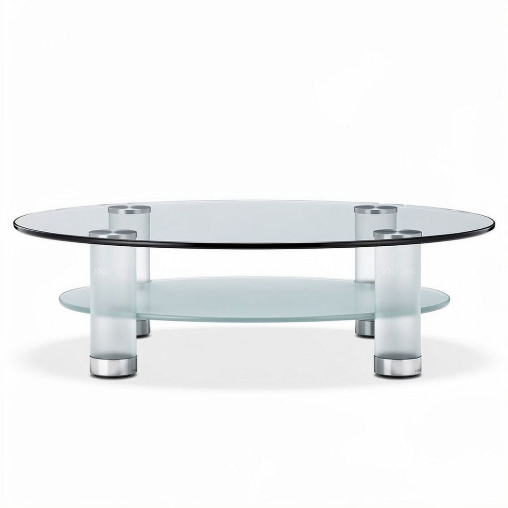 Glass coffee table with oval top and bottom shelf 120 x 60 x 40cm