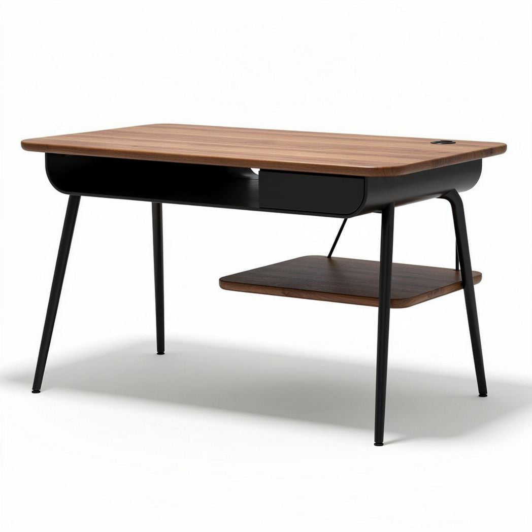 Wooden desk with black metal legs and storage shelf 120 x 60 x 75cm