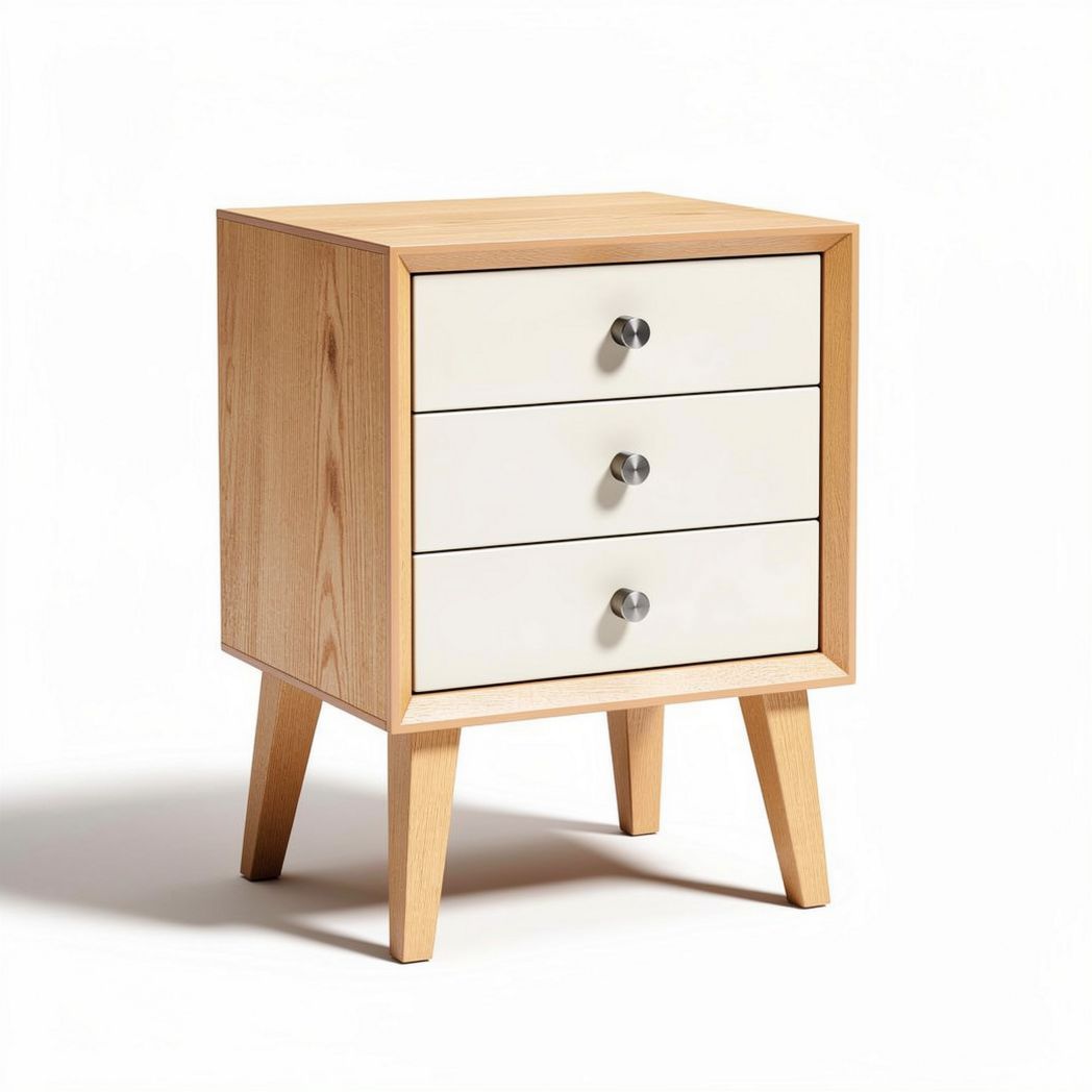 Wooden nightstand with three drawers in natural finish and white accents 45 x 40 x 60cm