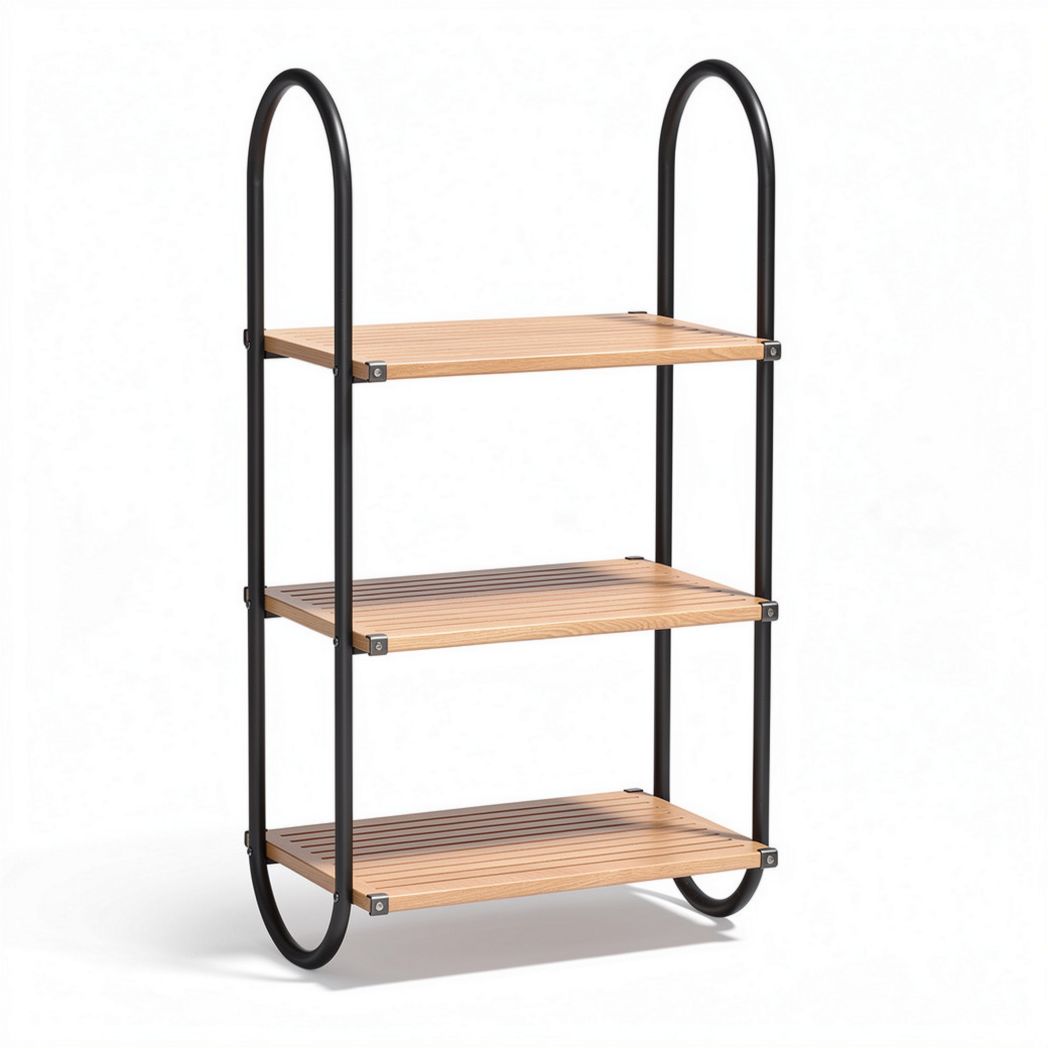 Wooden three-tier shelf with metal frame for storage and display 80 x 30 x 120cm