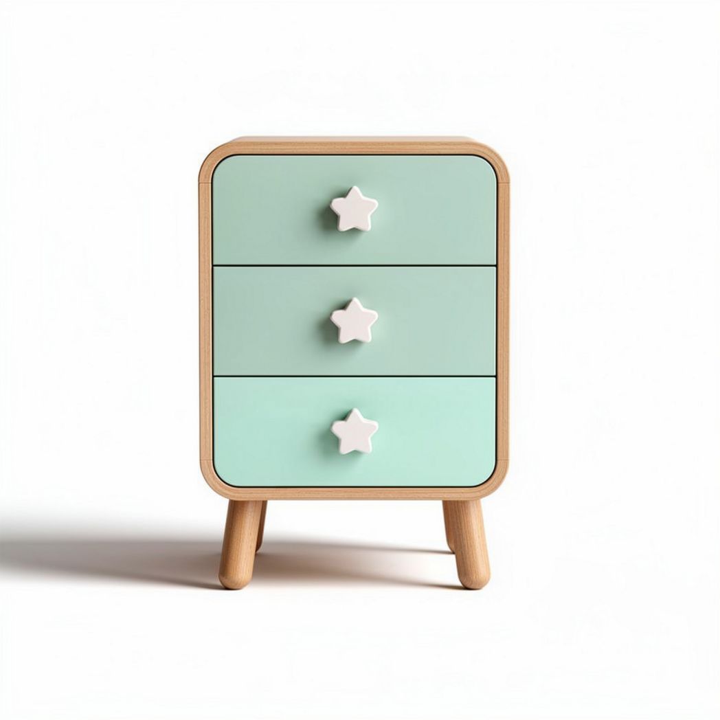 Wooden nightstand with three drawers and star-shaped knobs in mint green 40 x 35 x 60cm