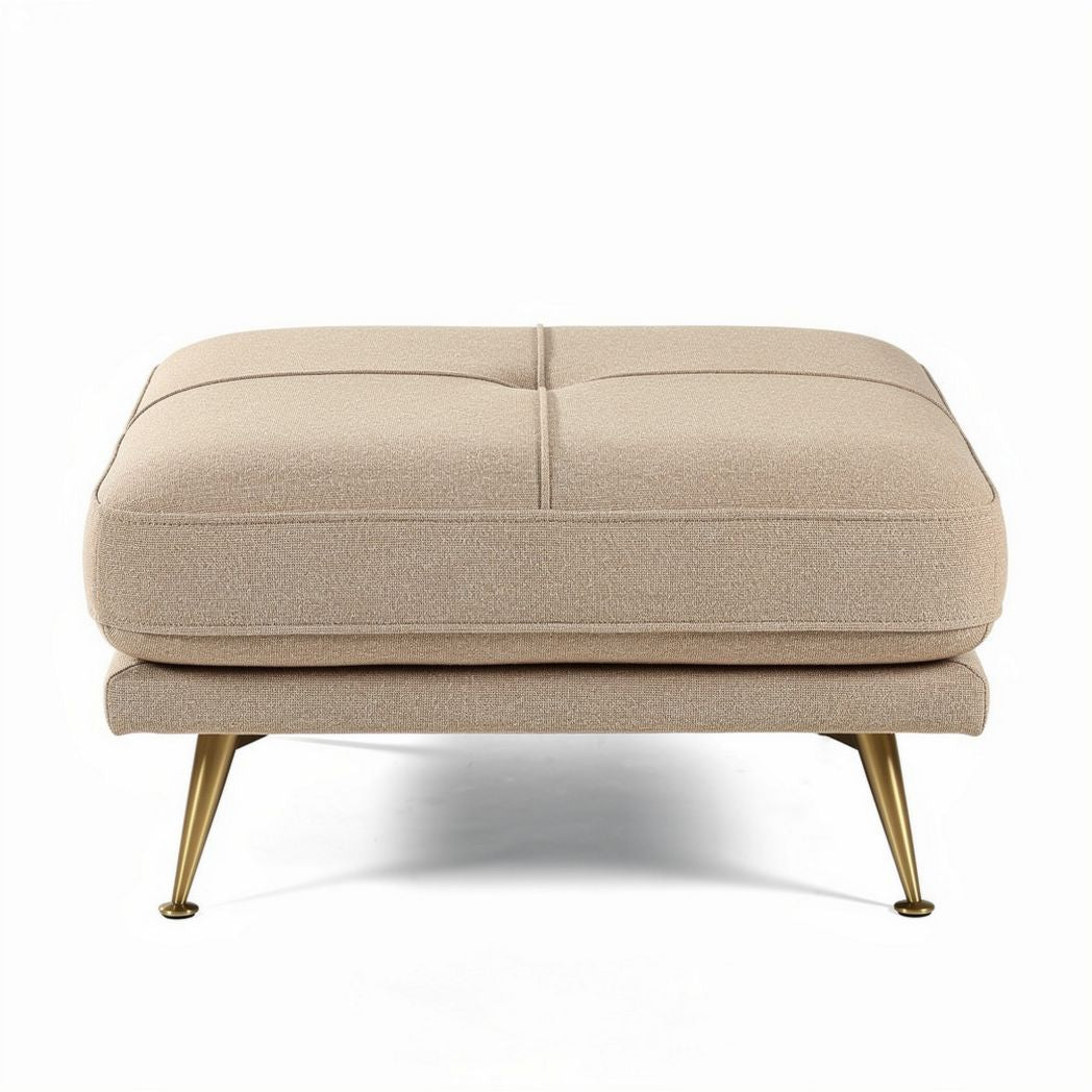 Beige upholstered ottoman with gold metal legs 80 x 80 x 40cm