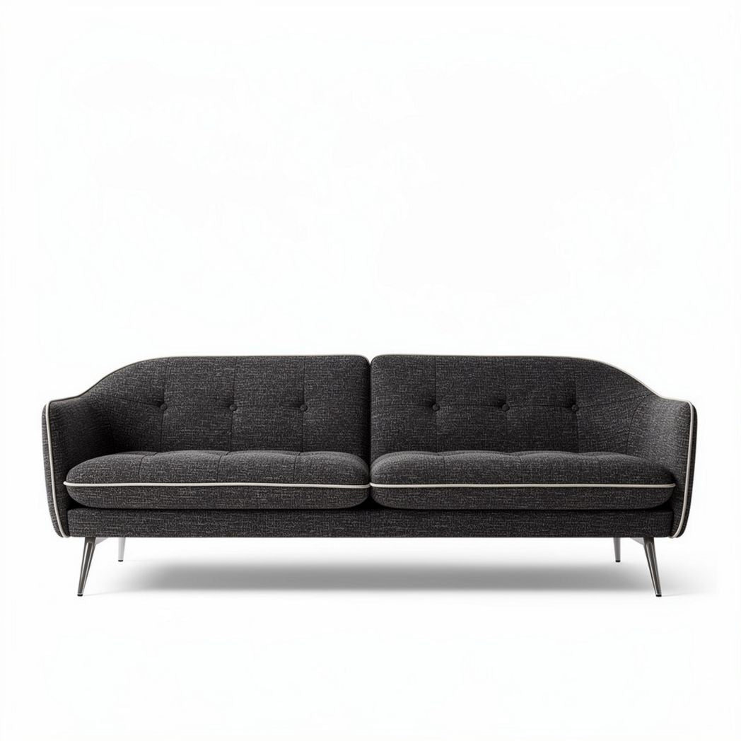 Modern two-seater sofa in dark gray fabric with tufted design and metal legs