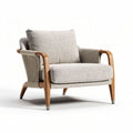 Fabric lounge chair with wooden frame and plush cushioning in light gray