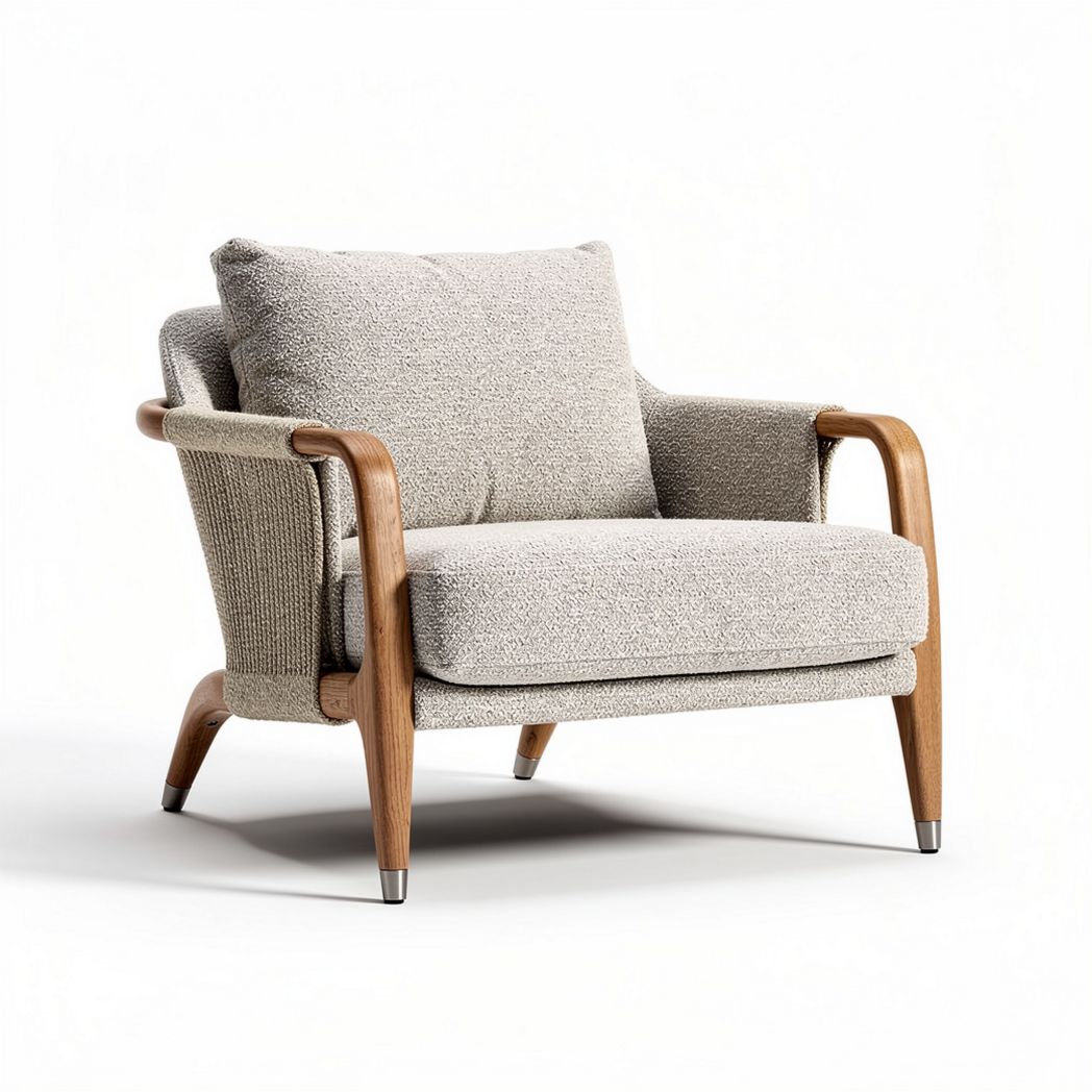 Fabric lounge chair with wooden frame and plush cushioning in light gray