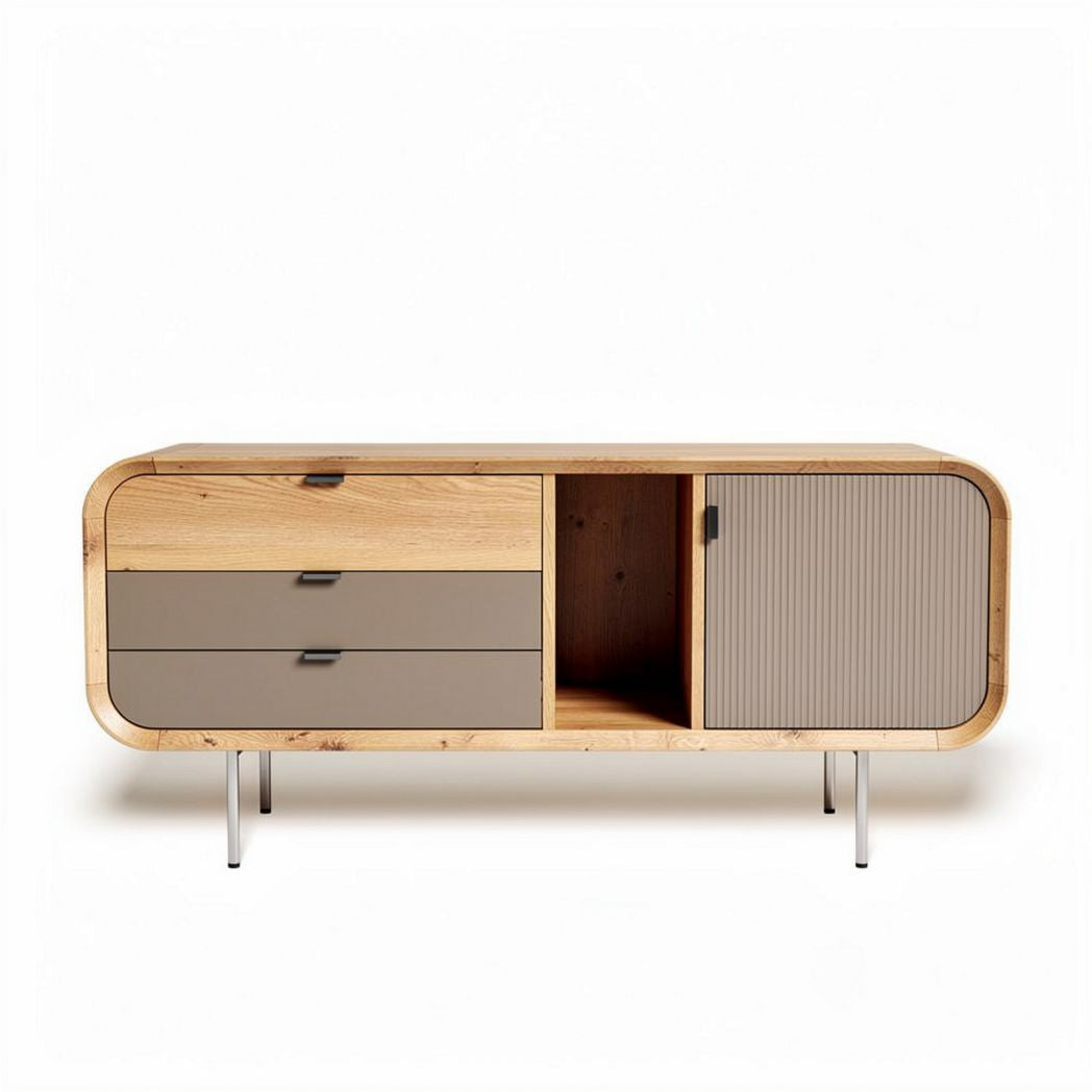 Wooden storage cabinet with gray drawers and natural finish 150 x 40 x 70cm